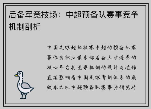 后备军竞技场：中超预备队赛事竞争机制剖析